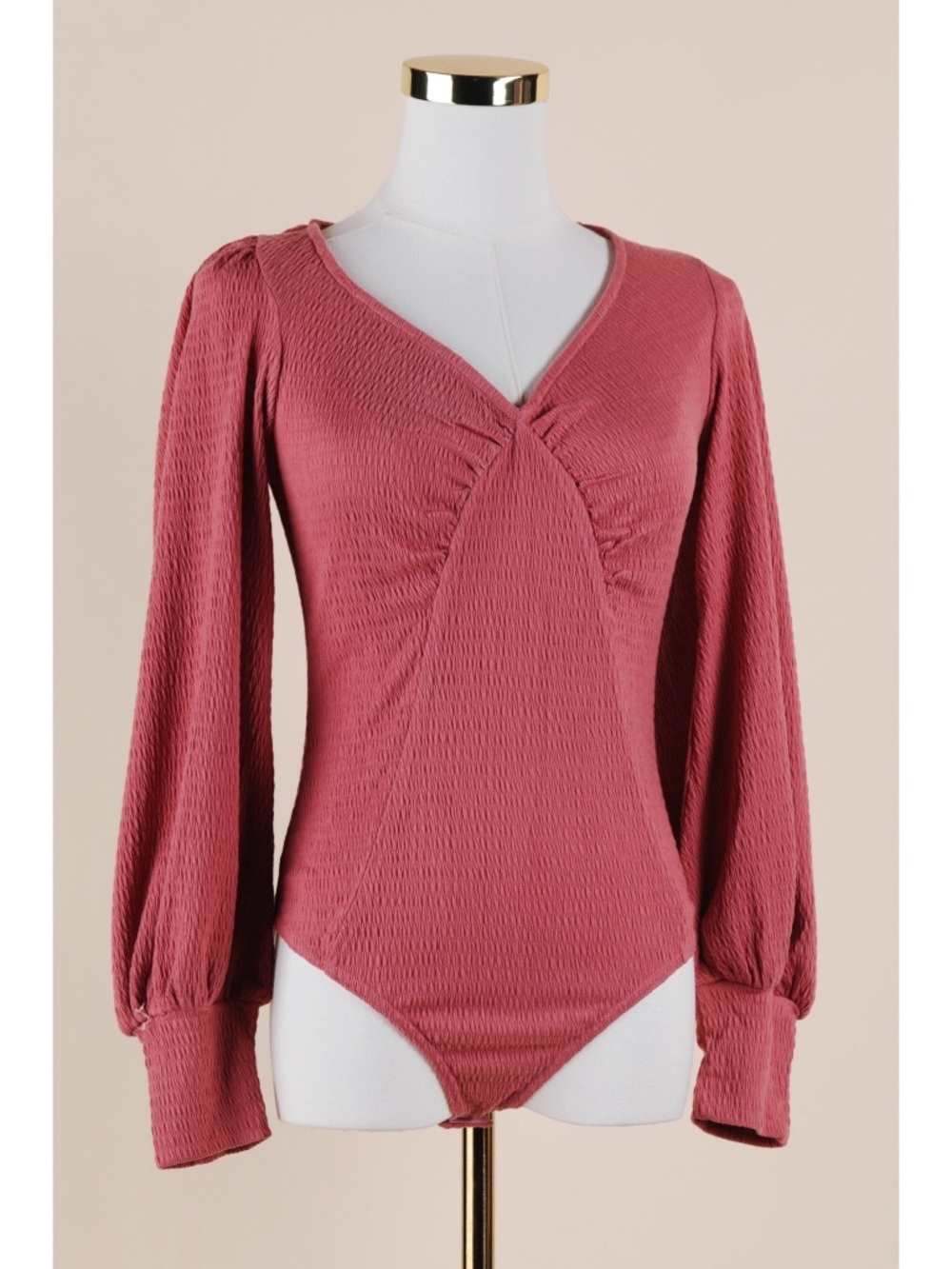 Sz S Promesa Canyon Rose Ruched V-Neck Long Bishop Sleeve Bodysuit NWT